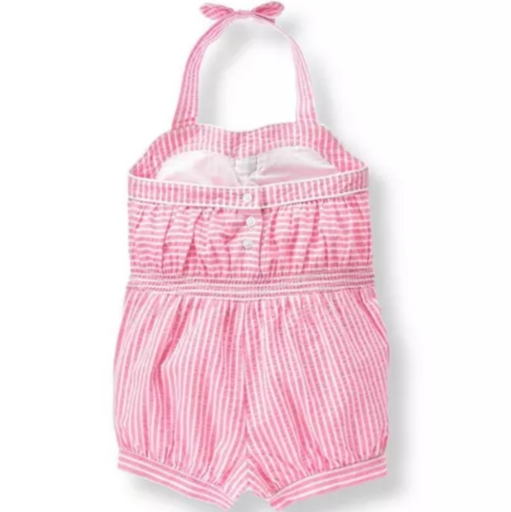 JANIE & JACK | Dolce Pink and White Stripe Seersucker Romper - Picture 2 of 15